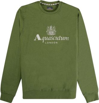 Aquascutum Mens Active Big Logo Crew Neck Army Green Sweatshirt Cotton - Size X-Large
