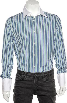 Dsquared2 Blue Striped Cotton Contrast Collar Button Front Shirt