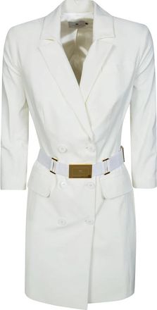 Elisabetta Franchi Technische Bi-elastische Jurk met Riem - Dames - Korte kleedjes - Beige - M - Leer - Kleedjes