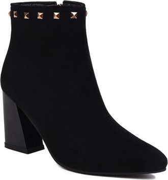 Generic Womens Faux Suede Short Boots with Rivet Pointed Toe Chelsea Boot High Block Heel Ankle Boots with Side Zipper,Black,5.5 UK