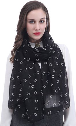 Lina & Lily Horseshoe Print Womens Scarf Shawl Wrap Lightweight (Black)