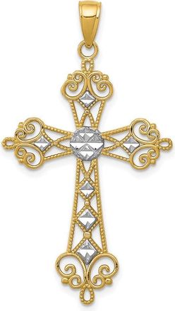 Diamond2Deal 14k Yellow Gold and White Rhodium Diamond-Cut Cut-Out Cross Pendant