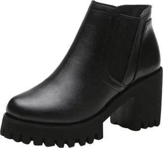 Generic Womens Mid Calf Boots Fashion Square Heels Slip On Solid Color Short Boot Round Toe Work Shoes(Black, 40)