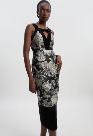 Karen Millen Womens Velvet And Jacquard Contrast Strappy Tailored Midi Dress - Monochrome Multi - Size 16 UK