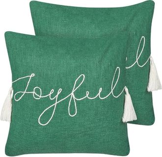 Beliani Conjunto De Cojines Estampado Navidad 45 X 45 Cm Funda De Algod&oacute;n Extra&iacute;ble Relleno Poli&eacute;ster Borlas Verde Elettaria