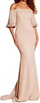 Jovani Off Shoulder Floral Sleeve Gown In Champagne