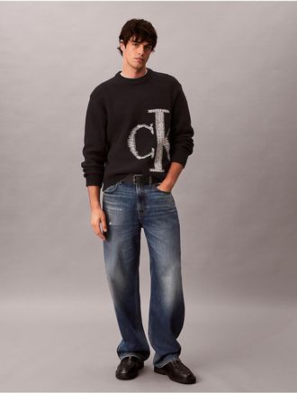 Calvin Klein Jeans Calvin Klein Mens Lambswool Blend Monogram Crewneck Sweater - Black - 2XL