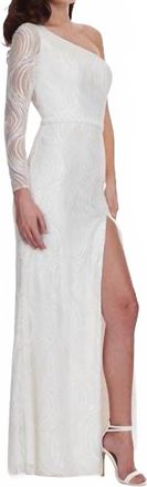 Rachel Allan Asymmetrical Neck One Shoulder Long Sleeved Slit Evening Gown In White