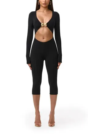 Naked Wardrobe V-Cutout Capri Jumpsuit in Black at Nordstrom, Size X-Large