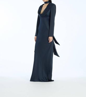 Rotate Satin Maxi Drapy Dress In Sky Captain (Dark Blue)