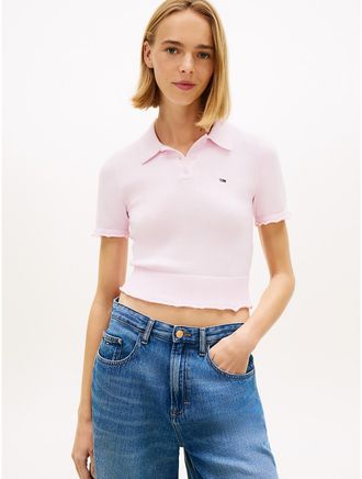 Tommy Hilfiger Womens Tommy Jeans Lettuce-Trim Sweater Polo - Pink - XL