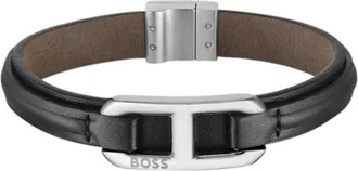 BOSS Brown-leather cuff with branded metallic link