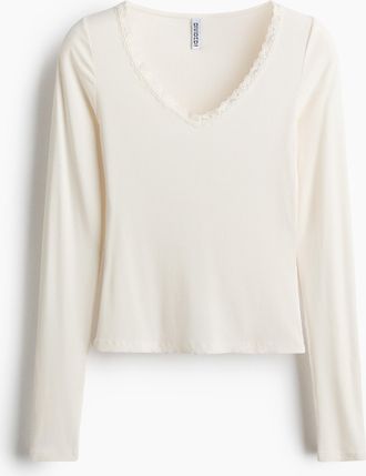 H&M Jerseyshirt mit Spitzenborte - White