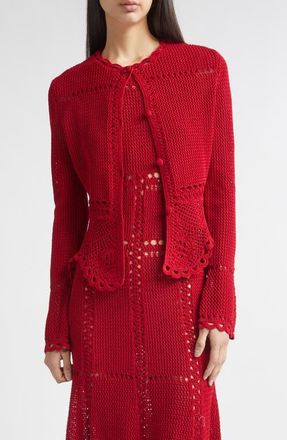 Erdem Open Knit Cotton Peplum Cardigan in Ruby Red at Nordstrom, Size Medium