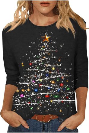 Generic Christmas Tops for Women UK Xmas Jumper Novelty Graphic Sweatshirt 3/4 Sleeve Pullover Crew Neck Sweater Funny Shirts Xmas Snowflake Print Flowy Blous