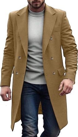 Generic Trench Coat Men Artificial Woolen Double Breasted Trench Coat Thick Business Jackets Winter Long Jacket Windbreaker Outerwear Slim Fit Thickened Peaco