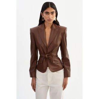 LaMarque Wiley | Leather Belted Blazer in Mid Brown at Nordstrom, Size X-Small