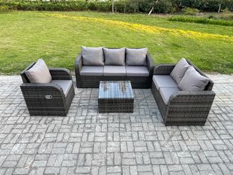 Fimous Rattan Garden Furniture 4 Piece Patio Set With Table Sofa Square Coffee Table Reclining Chair Loveseat sofa in Dark Grey