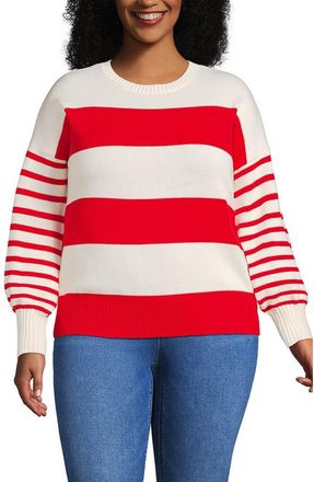 Lands End Plus Size Drifter Placed Jacquard Jersey Crew Neck Sweater in Coral Red/ivory Stripes at Nordstrom, Size 2 X