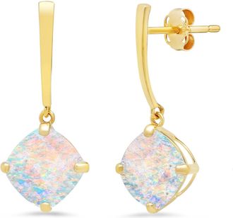 MAX + STONE 14k White or Yellow Gold 8mm Solitaire Cushion Cut Gemstone Drop Dangle Earrings
