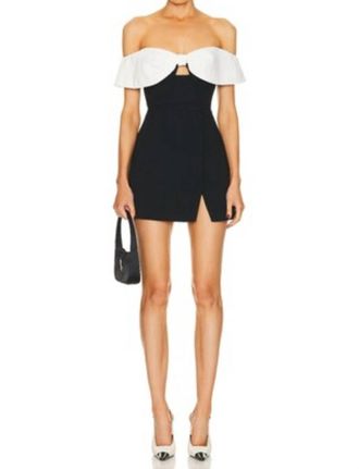 Self Portrait Crepe Bow Mini Dress In White, Black