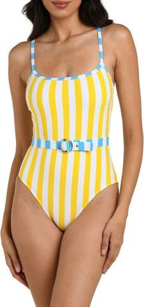 La Blanca Coastal Belted Stripe One-Piece Swimsuit in Soleil at Nordstrom, Size 12