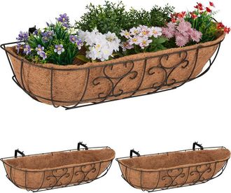 Relaxdays Relaxdays - Flower Box, 3x Set, Balcony Hanger, Iron, Coconut Fibre Insert, Plantpot, HxWxD 21 x 76 x 22 cm, Brown/Natural