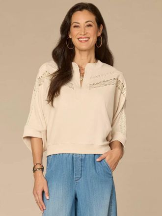 Democracy Embroidered Mandarin Collar Knit Top In Birch