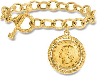 Ross-Simons Italian 18kt Gold Over Sterling Replica Lira Coin and Oval-Link Toggle Bracelet