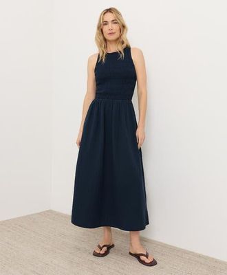 Pact Organic Cotton Coastal Double Gauze Smocked Dress in Navy Blue at Nordstrom, Size Xx-Large