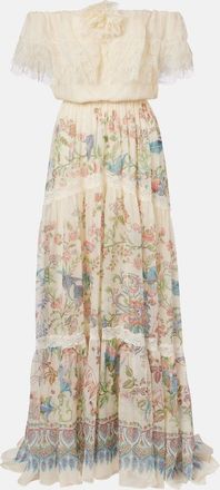 Etro Lace-trimmed printed off-shoulder silk maxi dress
