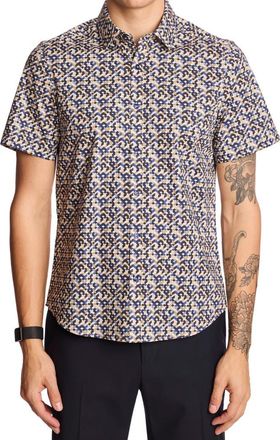 Paisley & Gray Sawyer Trim Fit Geometric Short Sleeve Button-Up Shirt in Navy Tan Geo at Nordstrom Rack, Size Xx-Large