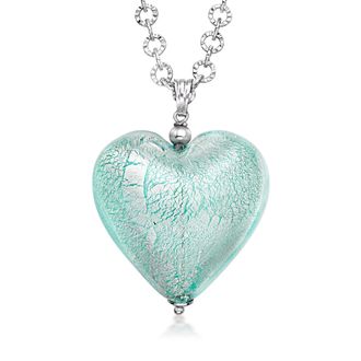 Ross-Simons Italian Aqua-Blue Murano Glass Heart Necklace With Rhodium-Plated Chain