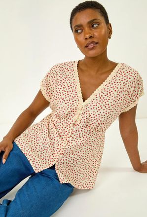 Roman Floral Ditsy Print Lace Trim Top