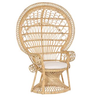 Beliani Silla Pavo Real De Rat&aacute;n Beige Natural 150 X 68 Cm Asiento Coj&iacute;n Respaldo Alto Emmanuelle