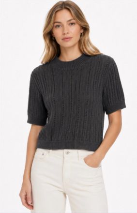 Autumn Cashmere Rib Pointelle Short Sleeve Mock Top In Charcoal