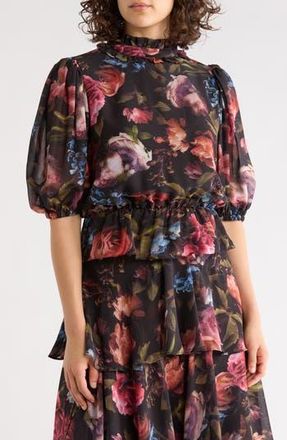 T Tahari Ruffle Mock Neck Top in Black Rose Print at Nordstrom Rack, Size X-Small