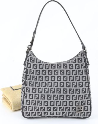Fendi Black Leather Canvas Shoulder Bag Tote Bag (Pre-Owned)