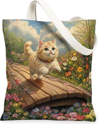 Generic Spring Exotic Shorthair Cat Canvas Tote Bag for Shopping 13x15, Country Garden Kitten Reusable Grocery Print Pattern Bag for Women, Fun Flower Pet Bea