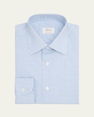 Brioni Mens Ventiquattro Cotton Grid Check Dress Shirt