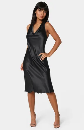 Bebe WomenS Drape Front Sleeveless Satin Midi Dress