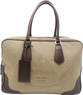 Prada Beige Dark Brown Khaki Canvas Leather Boston Bag (Pre-Owned)