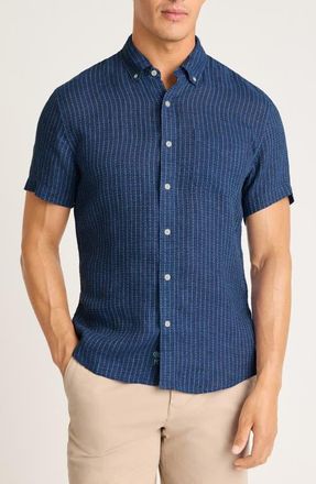 Bonobos Slim Fit Striped Linen Shirt in Navy Blue Triton Stripe Linen at Nordstrom, Size Xx-Large