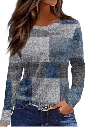 Generic 2025 Fall Tops for Women UK Casual Long Sleeve Crew Neck Loose Fit Shirts Funny Striped Color Block Floral Print Blouse Dressy Comfy Lightweight Going