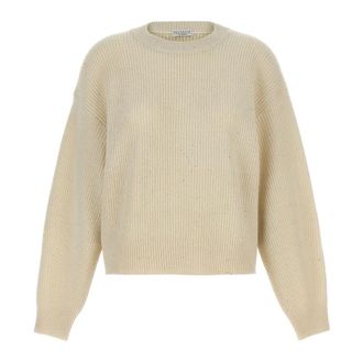 Brunello Cucinelli Round-neck Knitwear, female, White, M, Wool and Cashmere Rib Jumper with Sequins