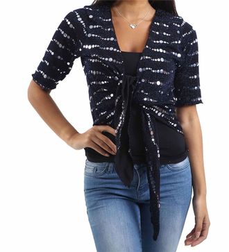 Generic ZAFS Womens Tops Short Sleeves Laurex Big Spot Sequin Tie Up Shrugs Ladies Christmas Tops Fancy Party T Shirts Sparkle Cardigan Womens Shrugs For Even