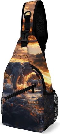 Generic Elephants in Sunset Water Mens Shoulder Bags Sling Crossbody Backpack Travel Hiking Chest Bag with Small Side 38x20cm