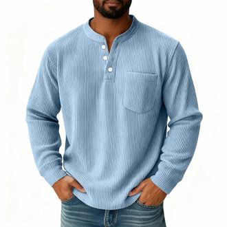 Generic Corduroy shirts Henley collar Mens Waffle Sweatshirt with Pocket V-Neck Button Up Flap Pockets Autumn Plain Thickened Light Blue L