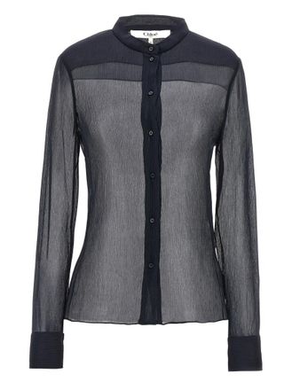 Chlo&eacute; Navy Blue Pleated Silk Shirt