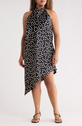 Renee C Polka Dot Asymmetric Hem Satin Halter Dress in Black at Nordstrom Rack, Size 2 X